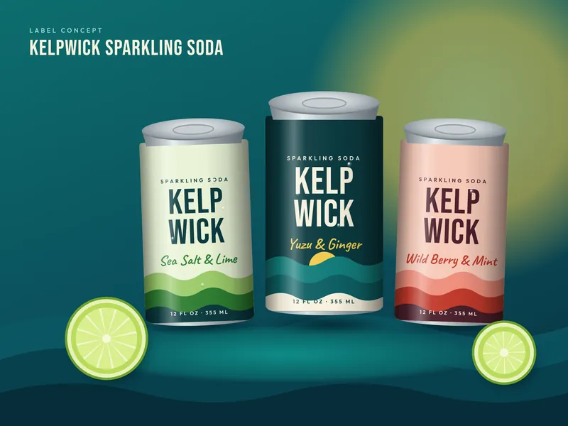 Three soda cans in pale green, deep teal and coral, labeled Kelpwick with layered wave artwork and the flavors Sea Salt and Lime, Yuzu and Ginger, and Wild Berry and Mint.
