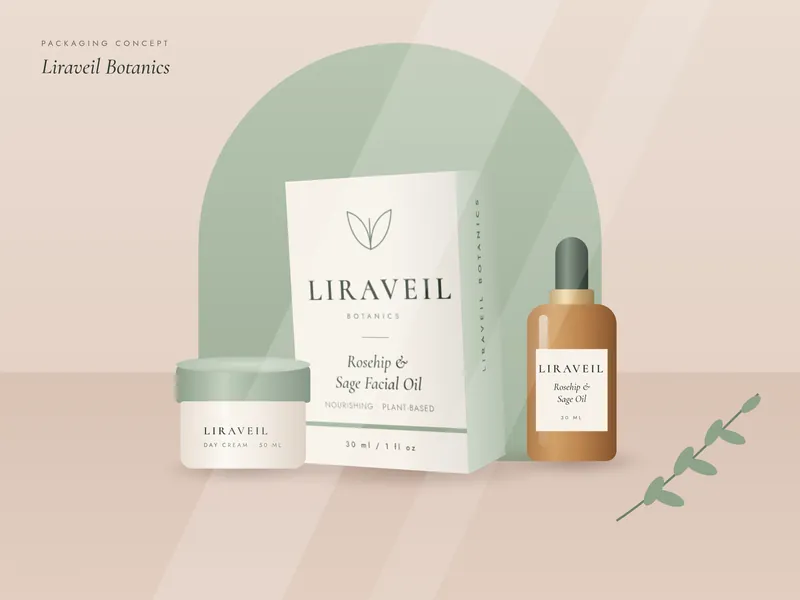 An ivory and sage skincare box for Liraveil Botanics Rosehip and Sage Facial Oil, with a matching amber dropper bottle and a cream jar, in front of a sage green arch.