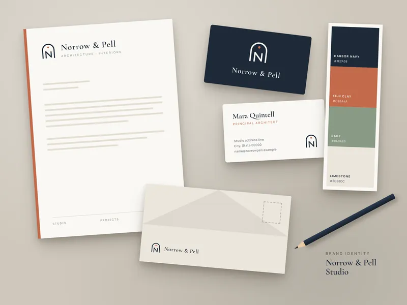 Flat lay of stationery for Norrow and Pell, with an arch-shaped N monogram on a letterhead, navy and cream business cards, an envelope, and a color swatch strip in navy, clay, sage and limestone.
