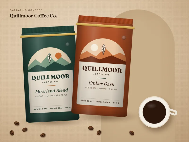 Two coffee bag mockups, one forest green and one rust orange, each with a cream arched label showing a mountain scene, a quill icon and the name Quillmoor Coffee Co., next to a cup of coffee and scattered beans.