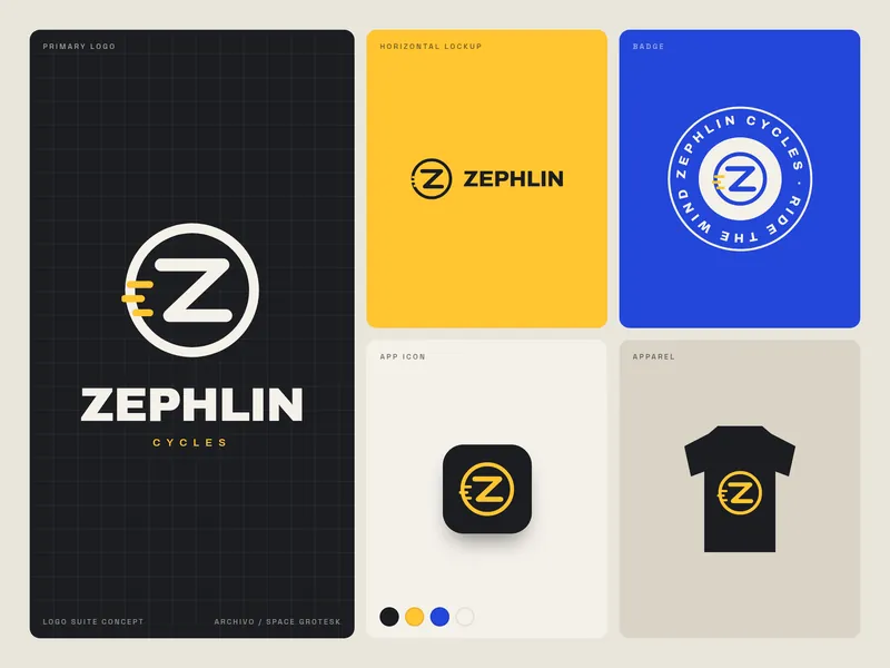 Logo presentation board for Zephlin Cycles showing a circular Z mark with speed lines in cream on charcoal, a horizontal lockup on yellow, a circular badge on blue, an app icon and a T-shirt.